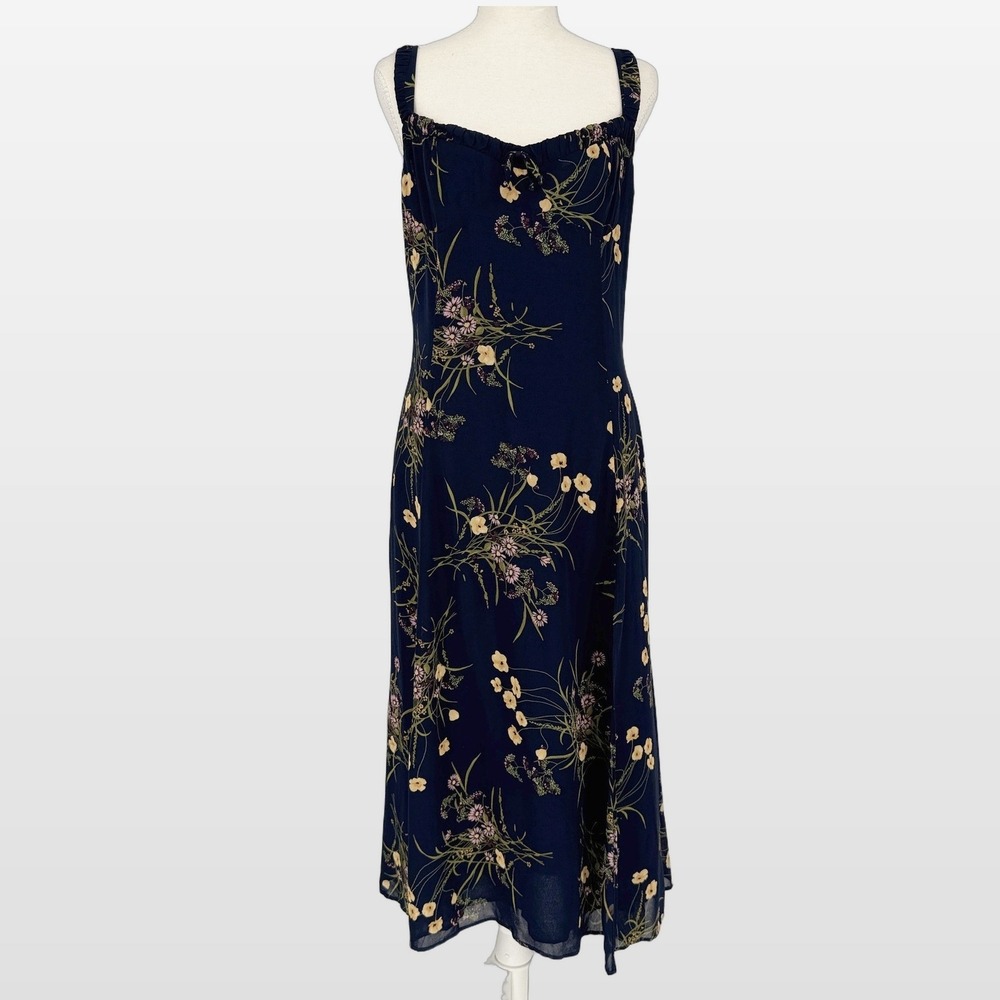 Reformation Floral Midi Dress Sz 10 Navy Cottagecore Fairy Romantic Quiet Luxury